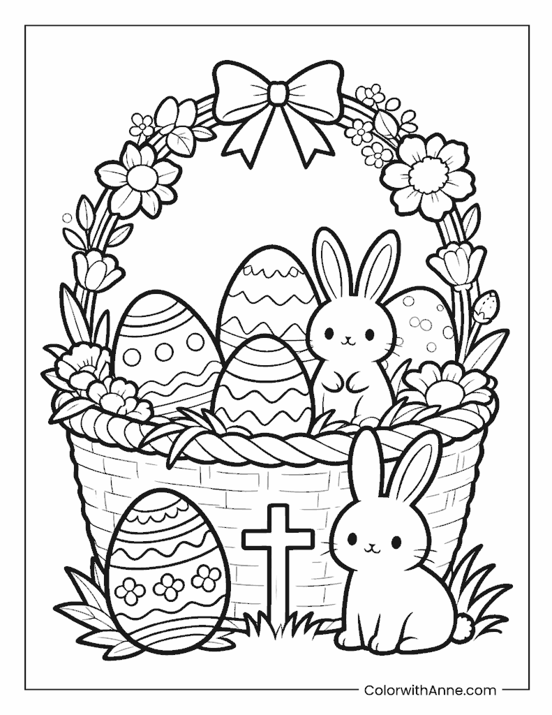Rabbit in Basket with Eggs and Cross Coloring Page