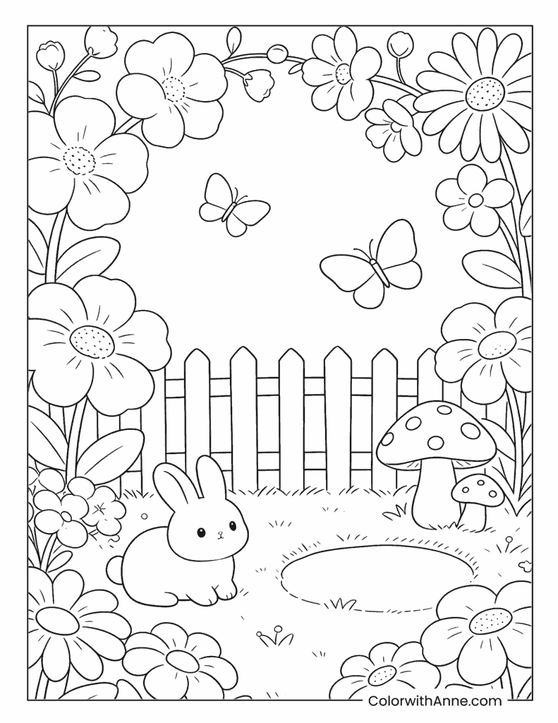 Rabbit in Flower Garden with Fence Coloring Page