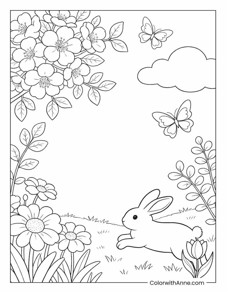 Rabbit in a Field of Spring Flowers and Butterflies Coloring Page