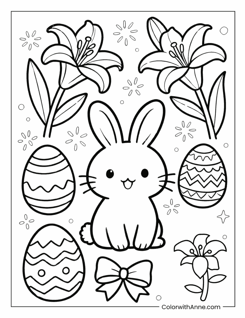 Rabbit with Easter Eggs and Lilies Coloring Page