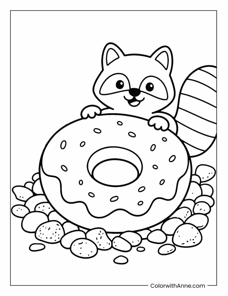 Racoon and Donut Coloring Page