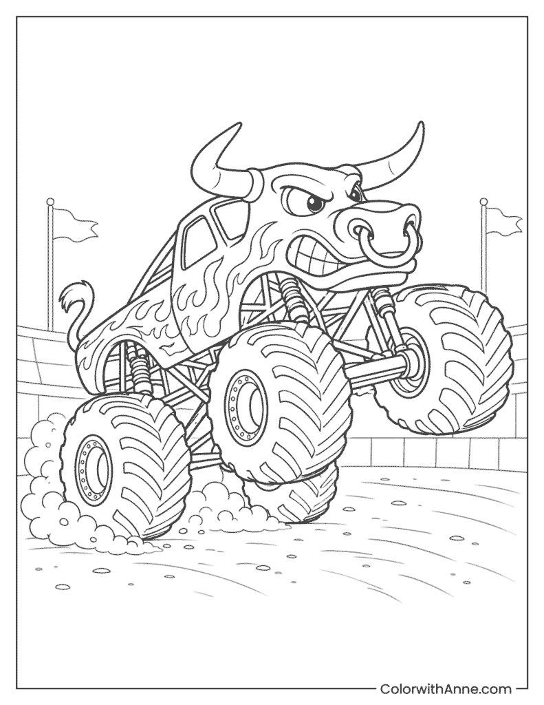 Raging Bull Monster Truck Wheelie Coloring Page