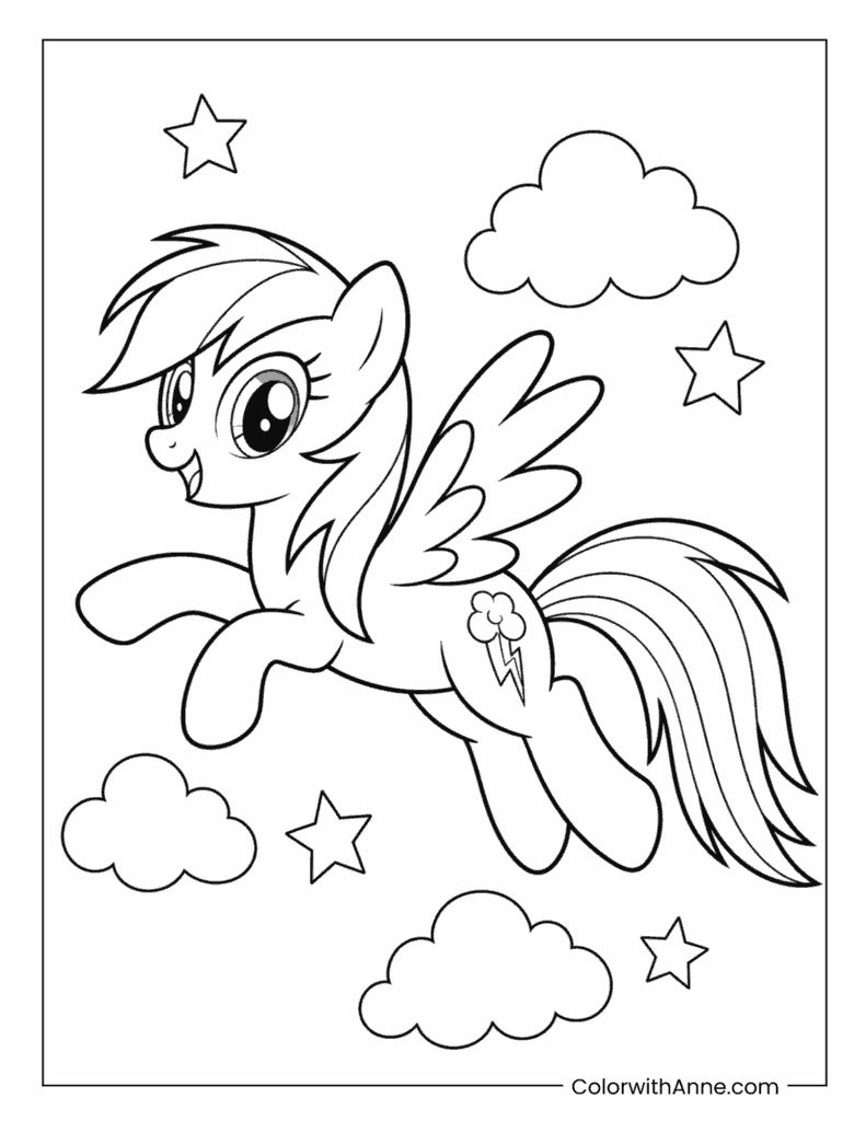 Rainbow Dash Flying in the Clouds Coloring Page