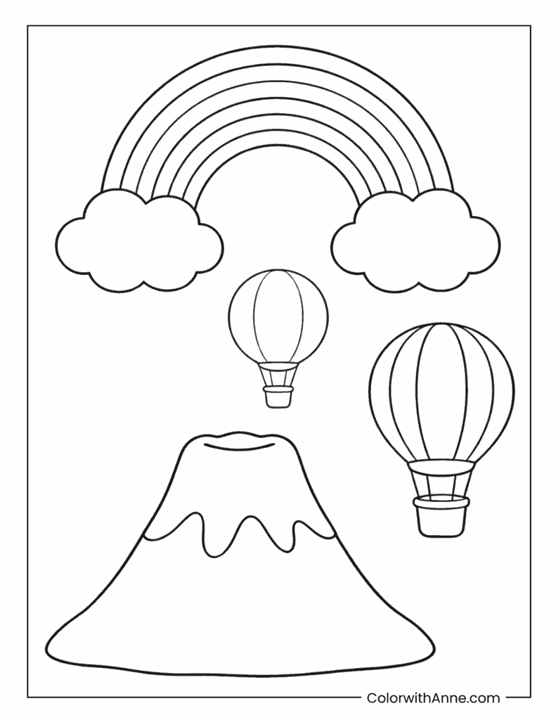 Rainbow Hot Air Balloons Over Volcano Fun Coloring Page