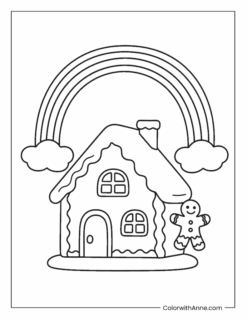 Rainbow Over a Gingerbread House Coloring Page