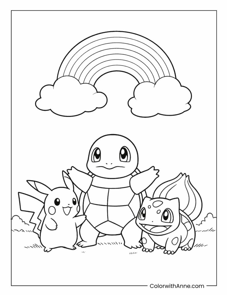Rainbow Trio Pikachu Bulbasaur Squirtle Coloring Page