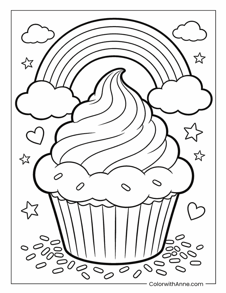 Rainbow and Cloud Cupcake Coloring Page