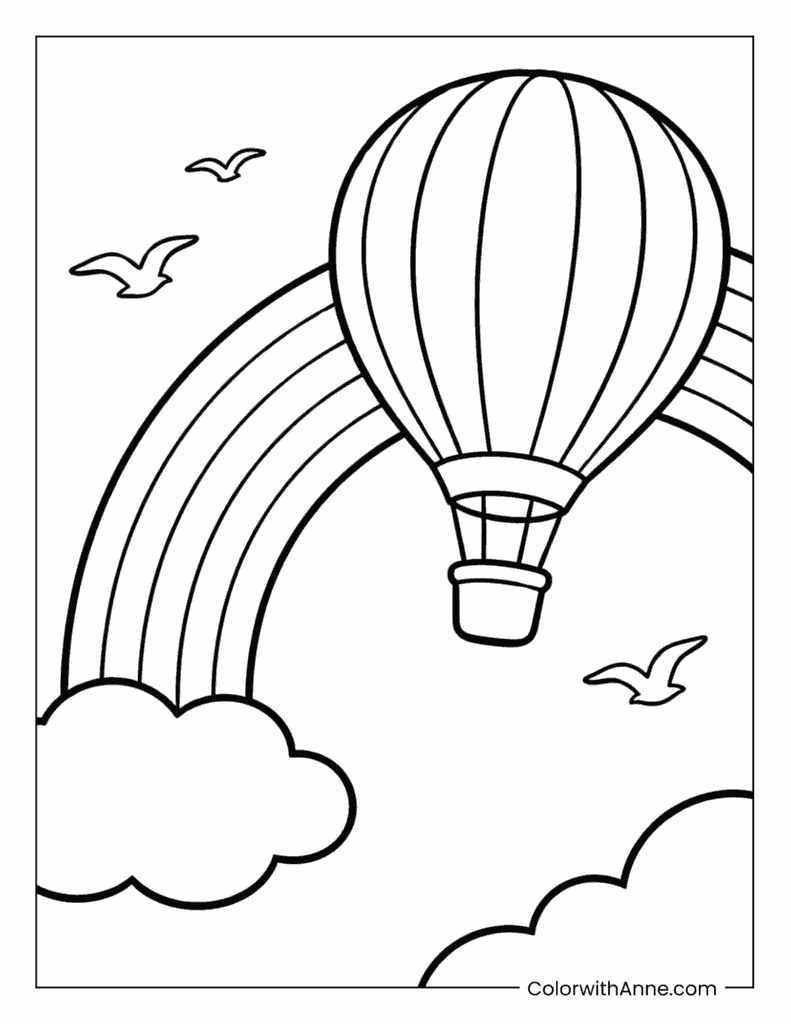 Rainbow and a Hot Air Balloon Coloring Page