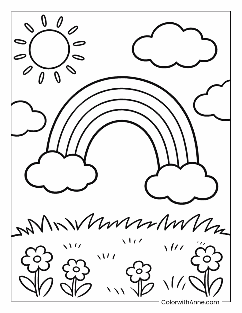 Rainbow with Sun, Clouds, and Flowers Coloring Page