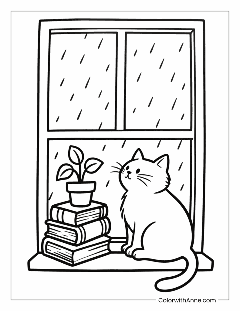 Rainy Day Cat Window Scene Coloring Page