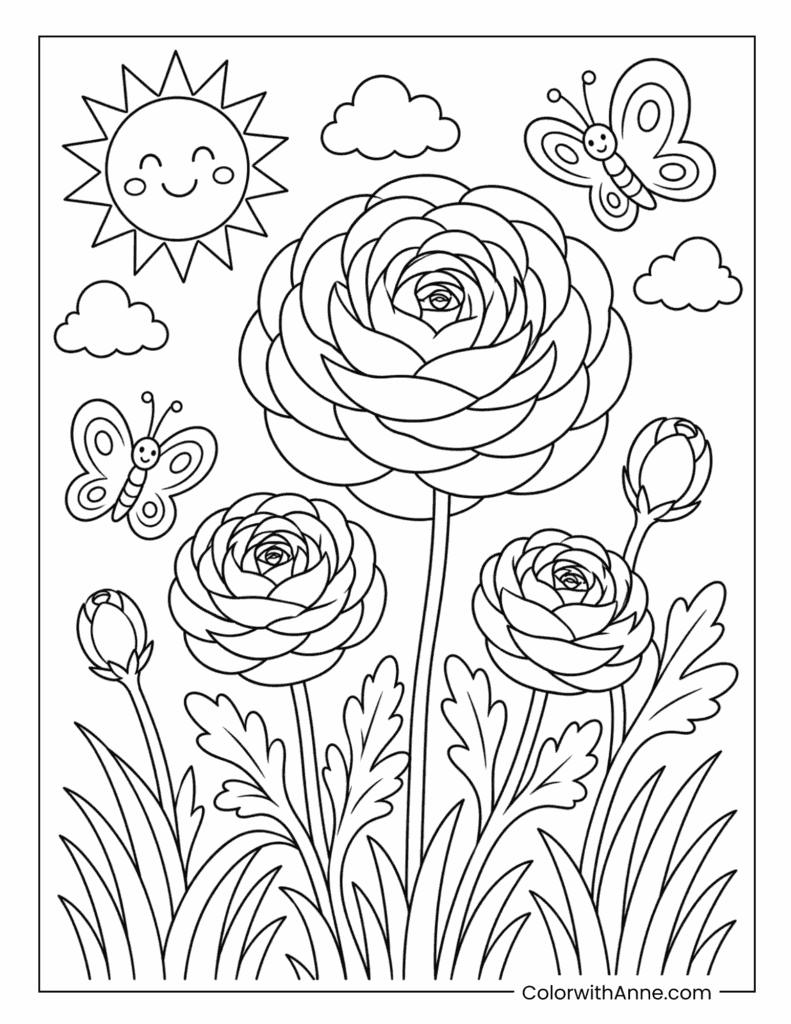 Ranunculus Flowers with Butterflies Coloring Page