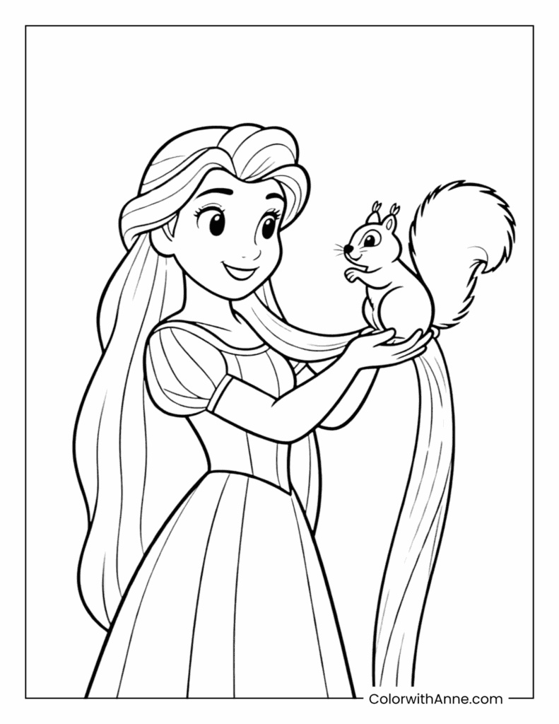 Rapunzel Holding a Cute Animal Coloring Page