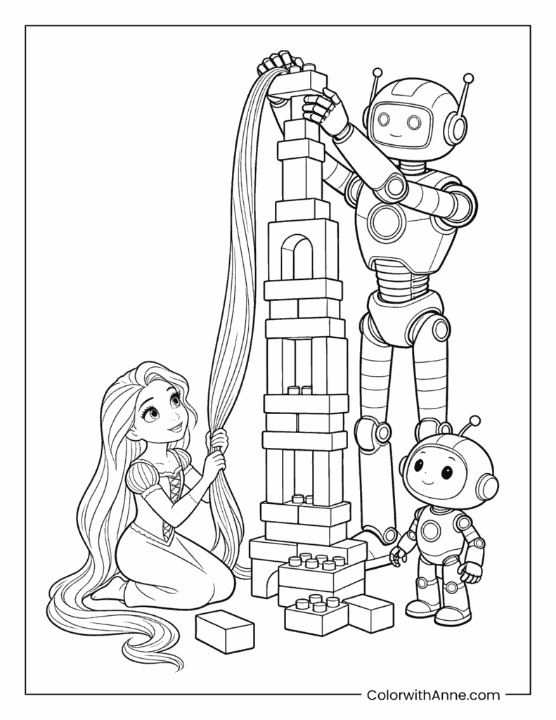 Rapunzel Playing Blocks with Robots Coloring Page
