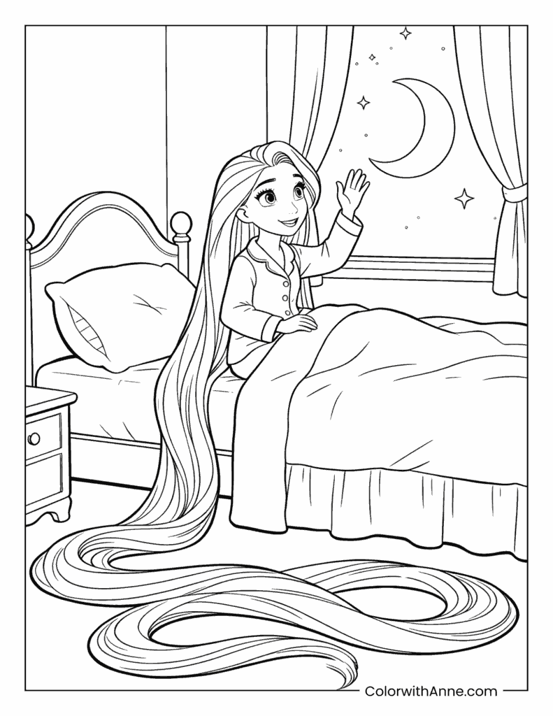 Rapunzel Saying Goodnight in Bed Coloring Page