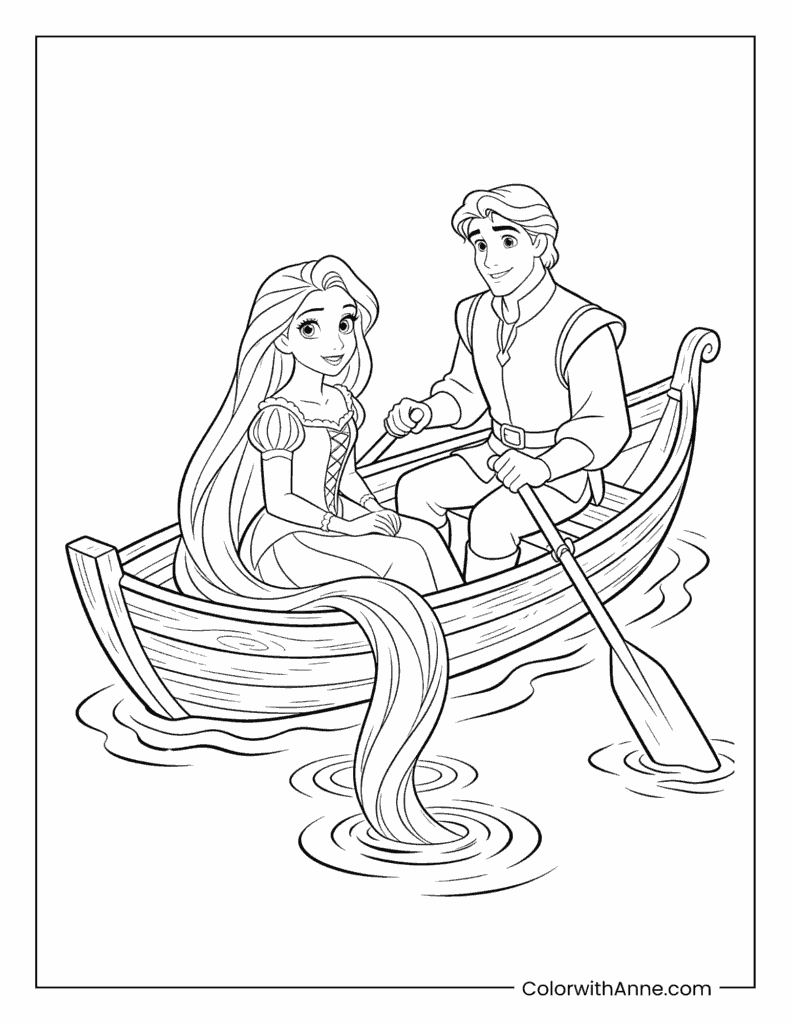 Rapunzel and Flynn in a Rowboat Coloring Page