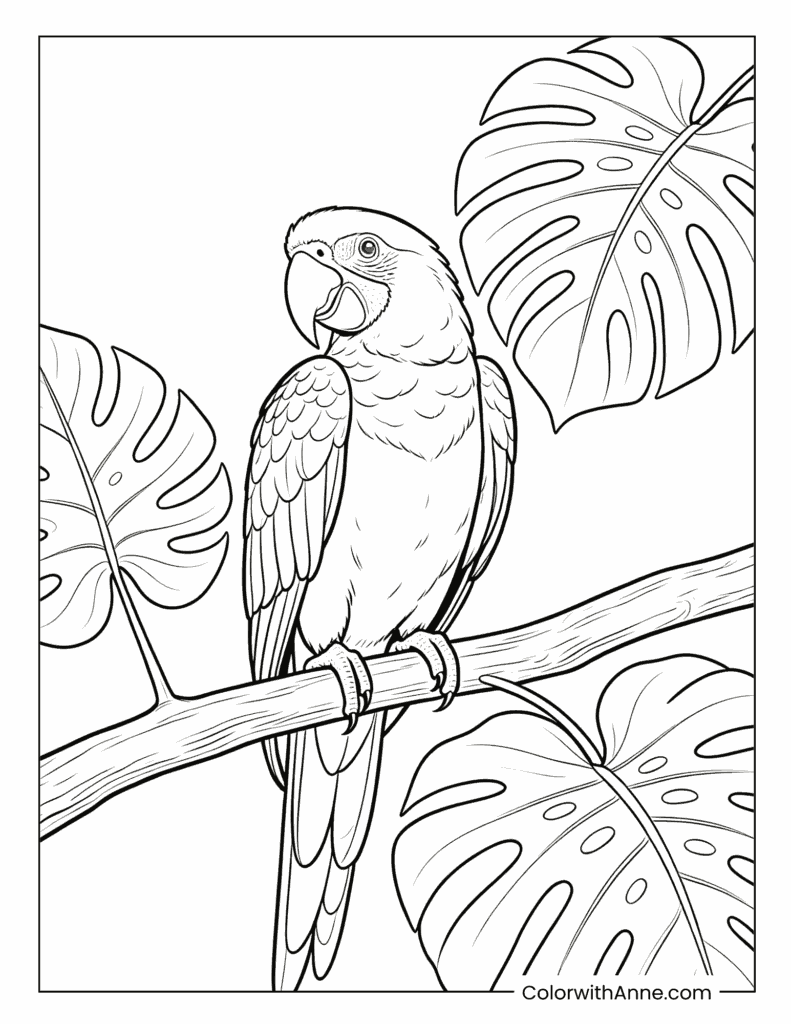 Realistic Macaw with Tropical Leaves Coloring Page