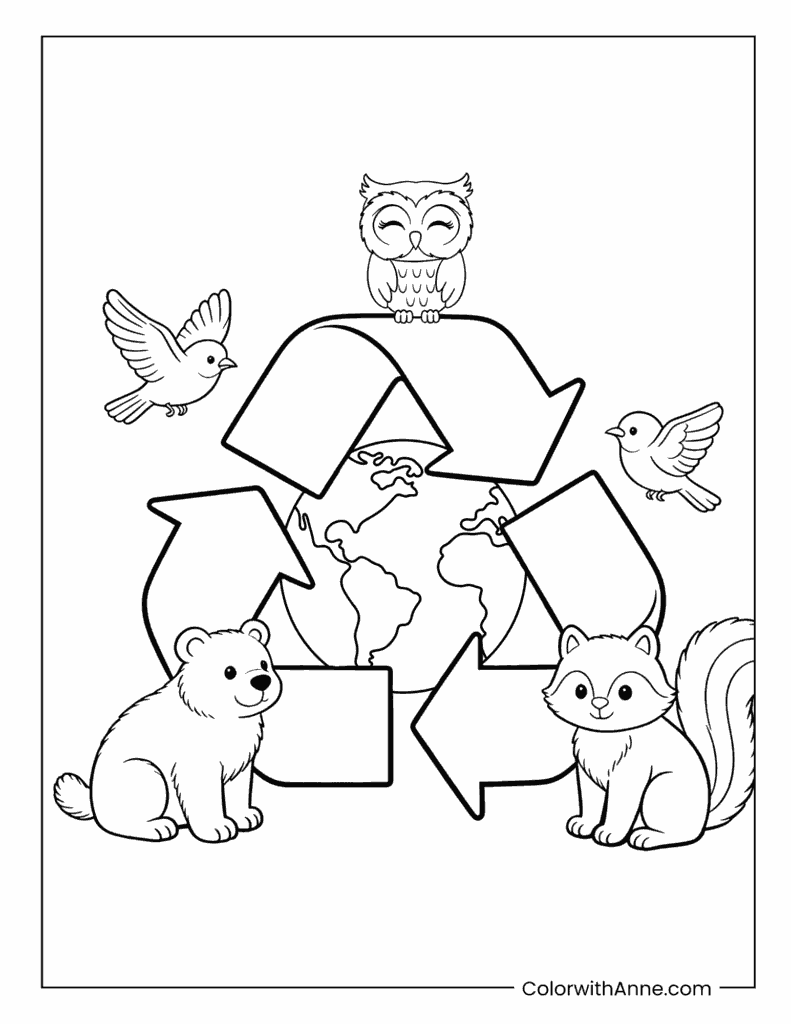 Recycle with Forest Friends Earth Day Coloring Page