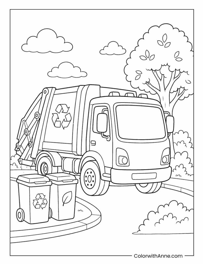 Recycling Truck Collecting Bins On Neighborhood Street Coloring Page