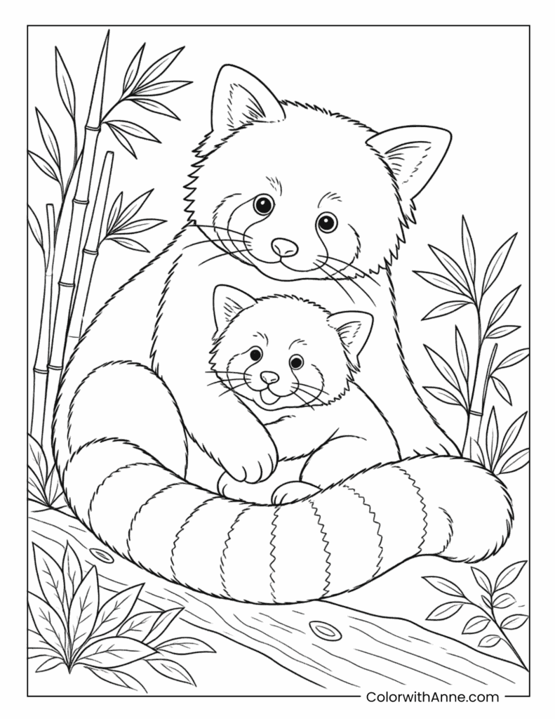 Red Panda And Cub Resting On Branch Coloring Page