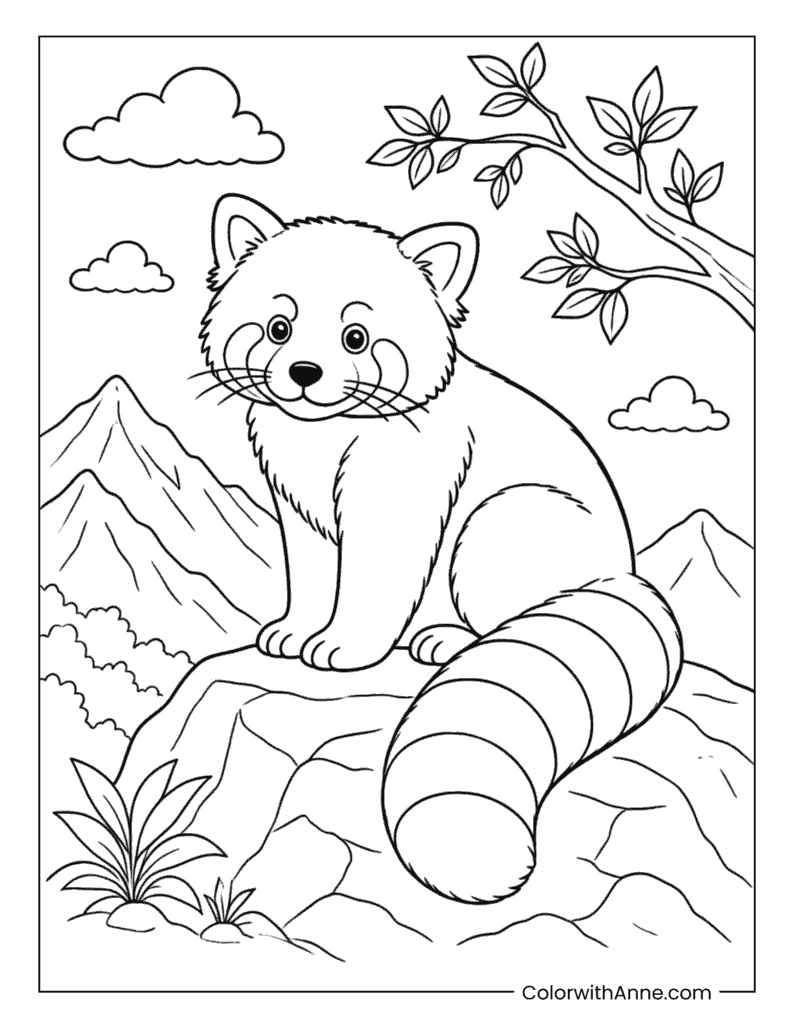 Red Panda On Mountain Ledge Coloring Page