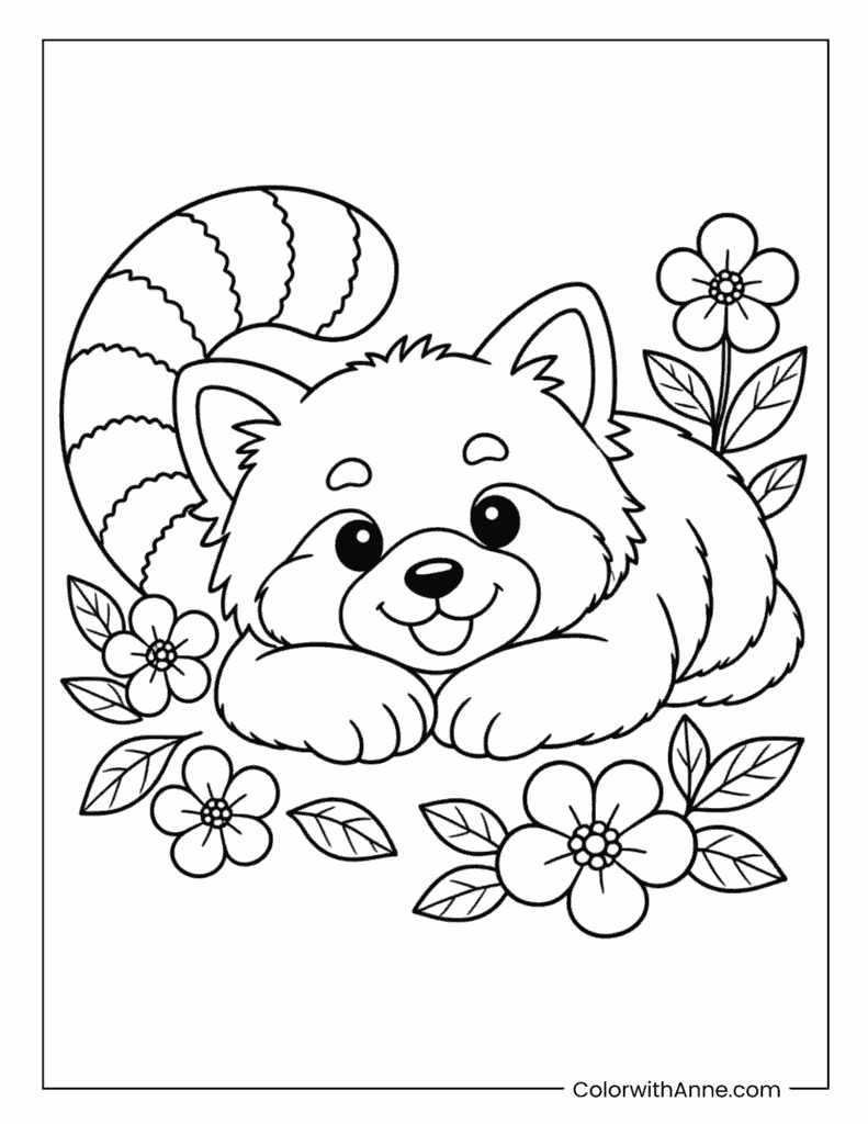 Red Panda Resting Among Flowers Coloring Page