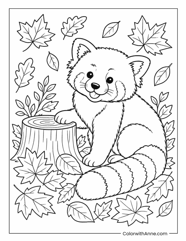 Red Panda Sitting By Autumn Stump Coloring Page