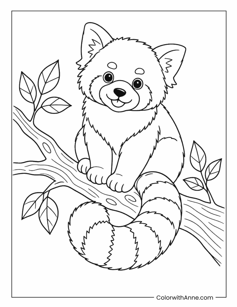 Red Panda Sitting On Tree Branch Coloring Page