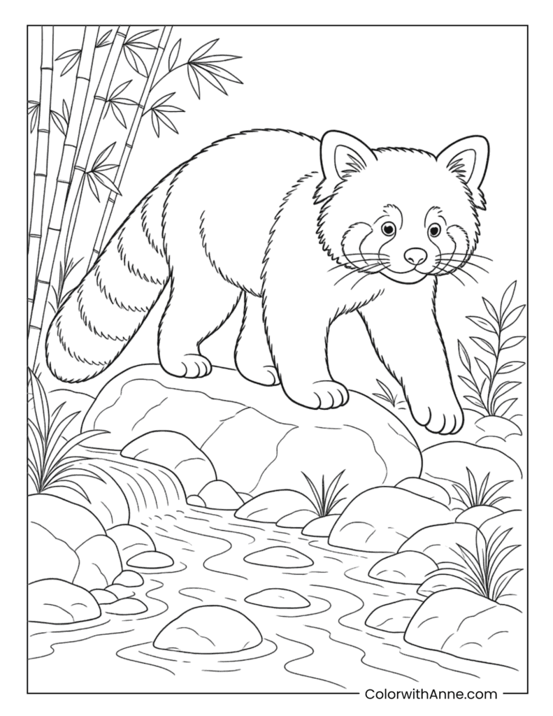Red Panda Standing Beside Stream Coloring Page