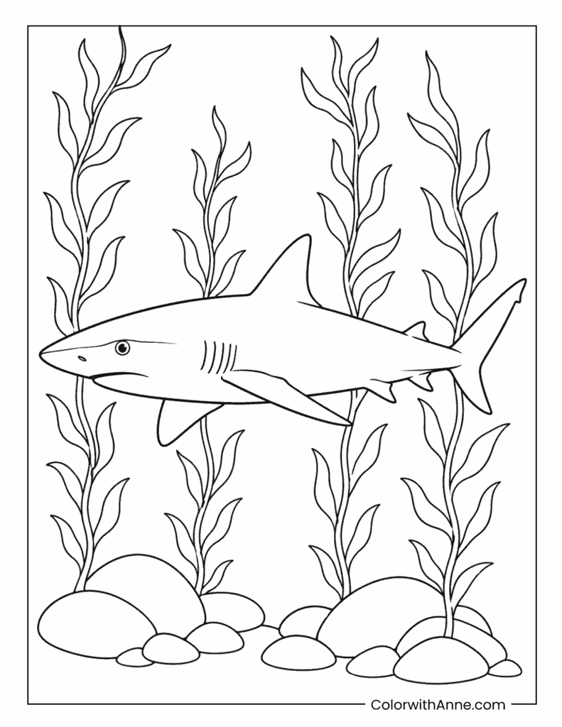 Reef Shark Swimming Through a Kelp Forest Coloring Page