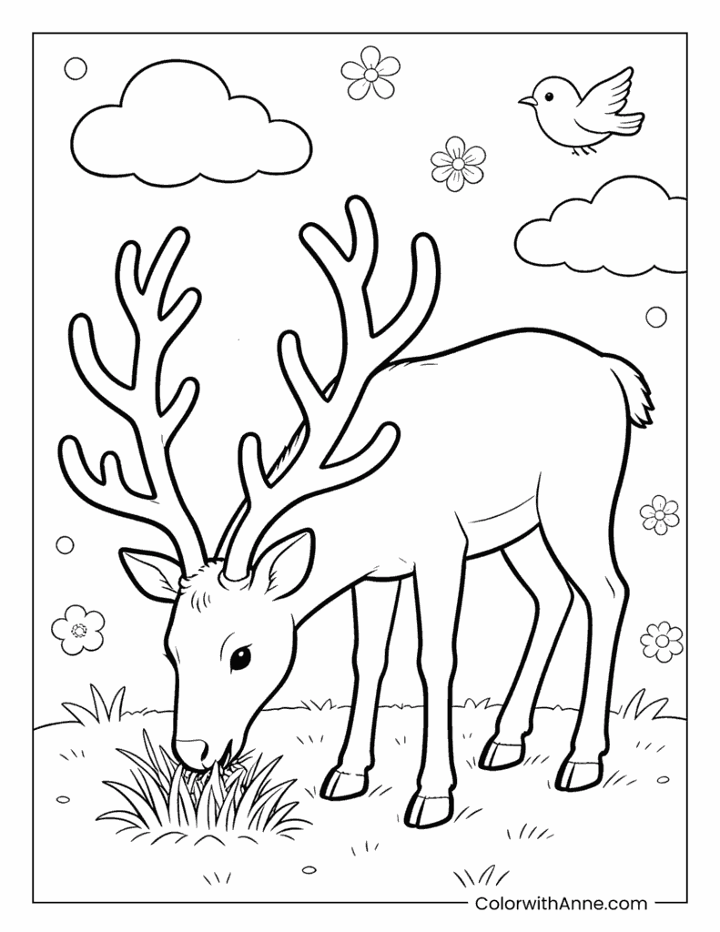 Reindeer Eating Grass in a Meadow Coloring Page
