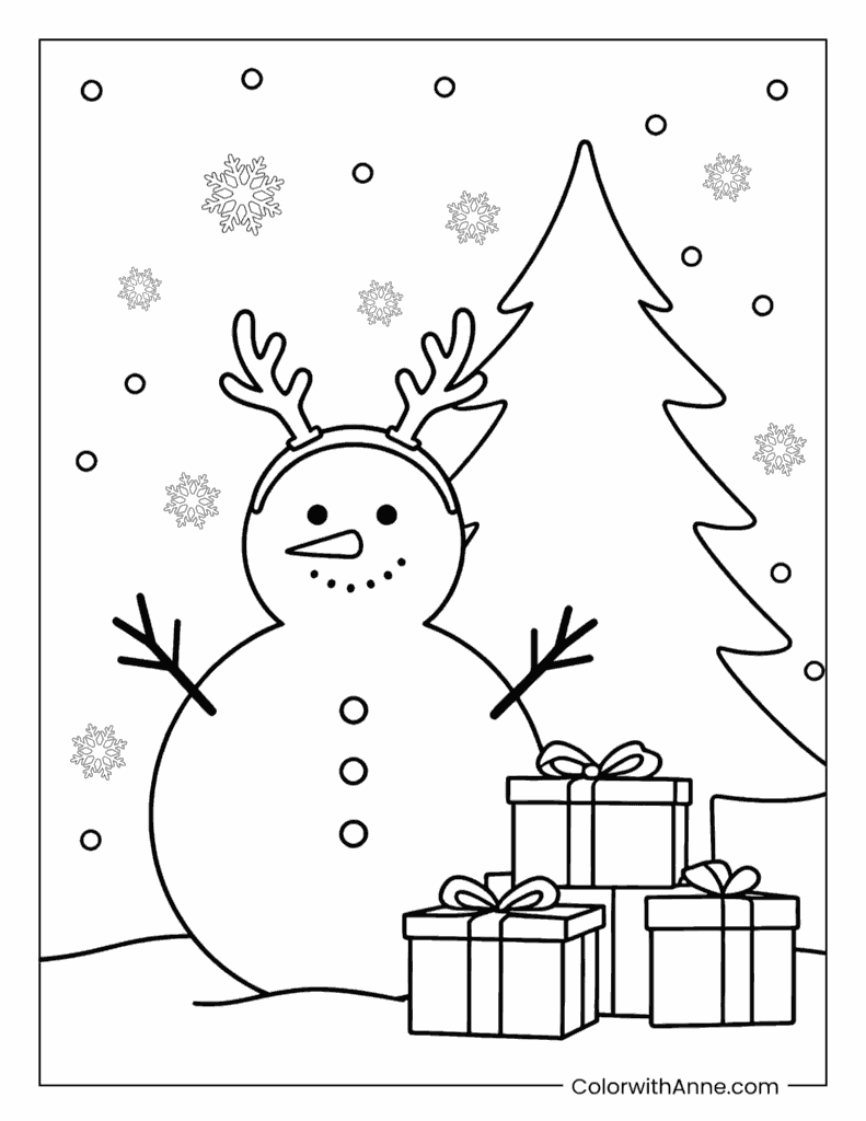 Reindeer Snowman with Christmas Gifts Coloring Page