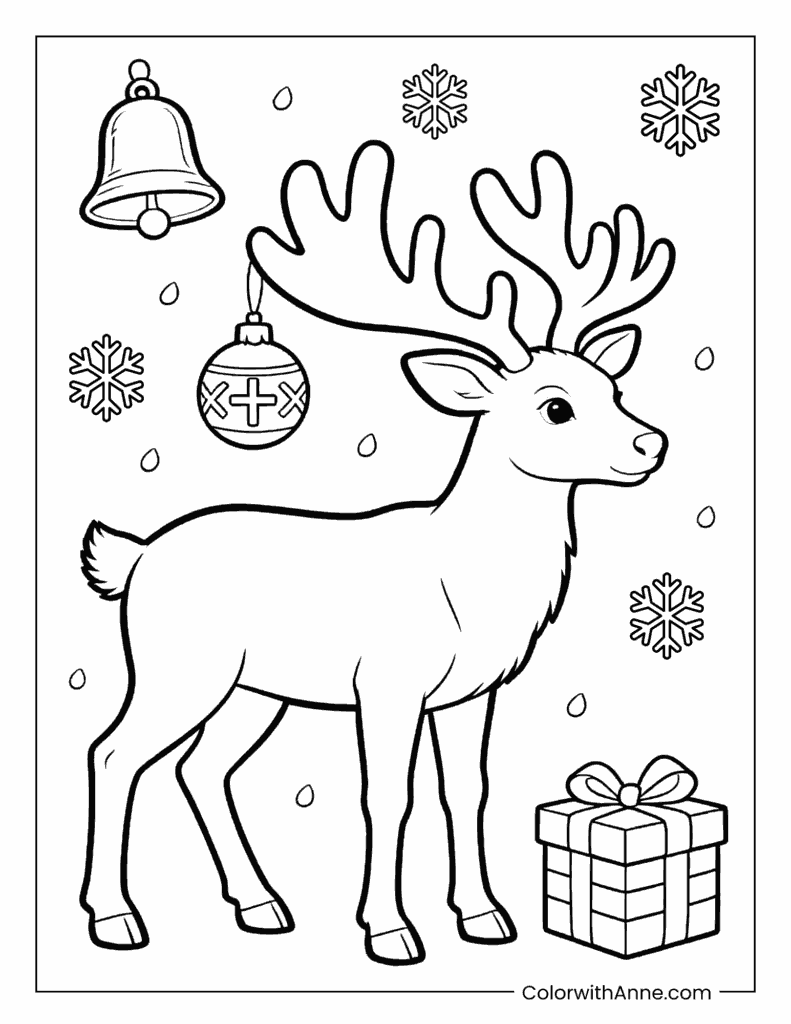 Reindeer Standing with Ornament and Gift Box Coloring Page