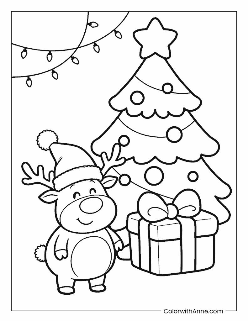 Reindeer and Christmas Tree with Presents Coloring Page