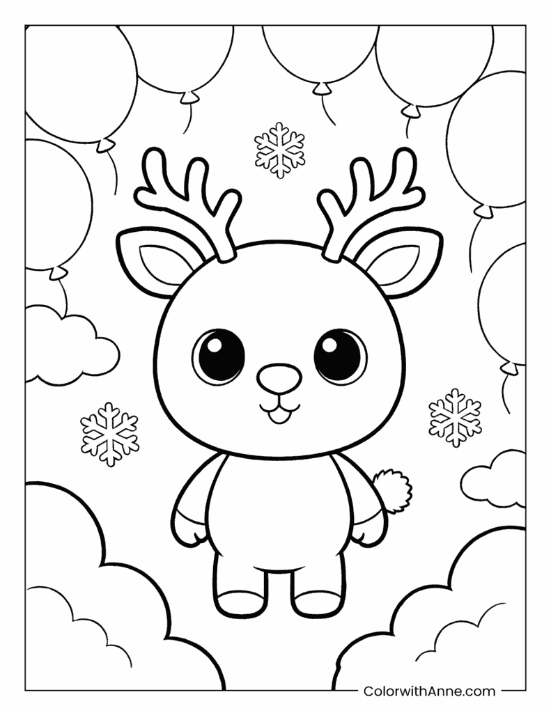 Reindeer with Balloons and Clouds Coloring Page
