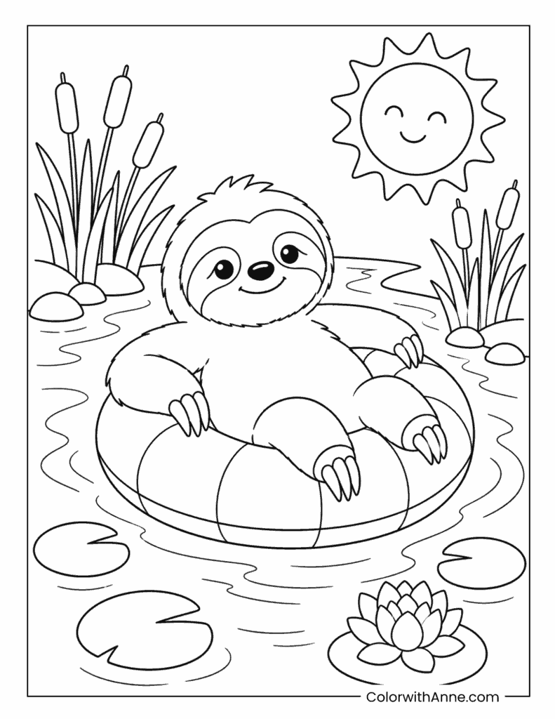 Relaxing Sloth Floating on a Pool Ring Coloring Page