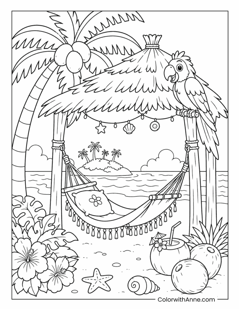 Relaxing Tropical Beach Hammock with Parrot and Coconuts Coloring Page