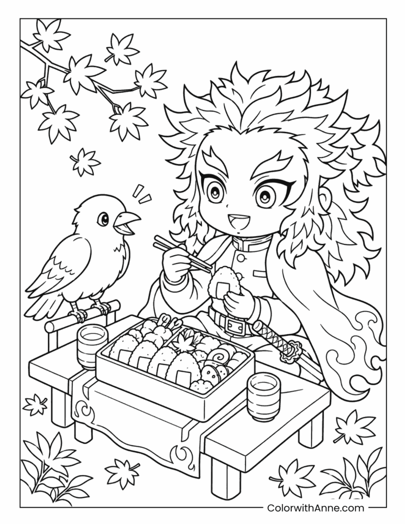 Rengoku Enjoying a Bento Meal with His Crow Coloring Page