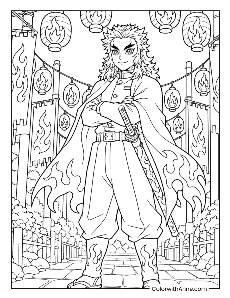 Rengoku Standing Beneath Flame Lanterns Coloring Page
