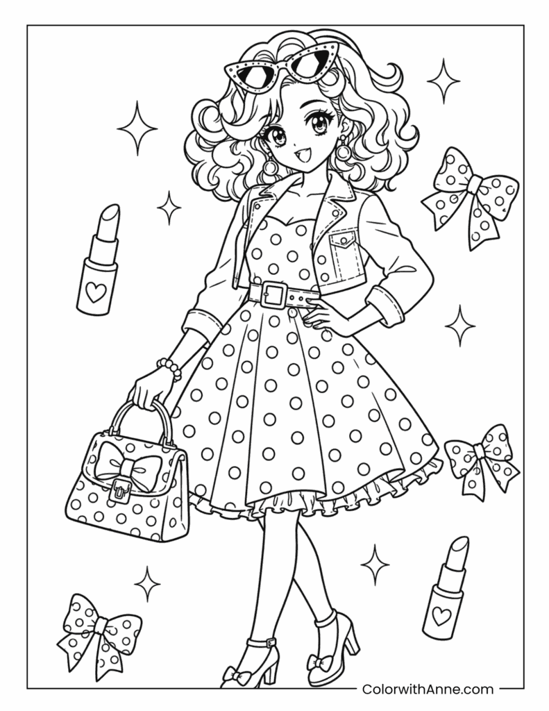 Retro Polka Dot Anime Girl Coloring Page