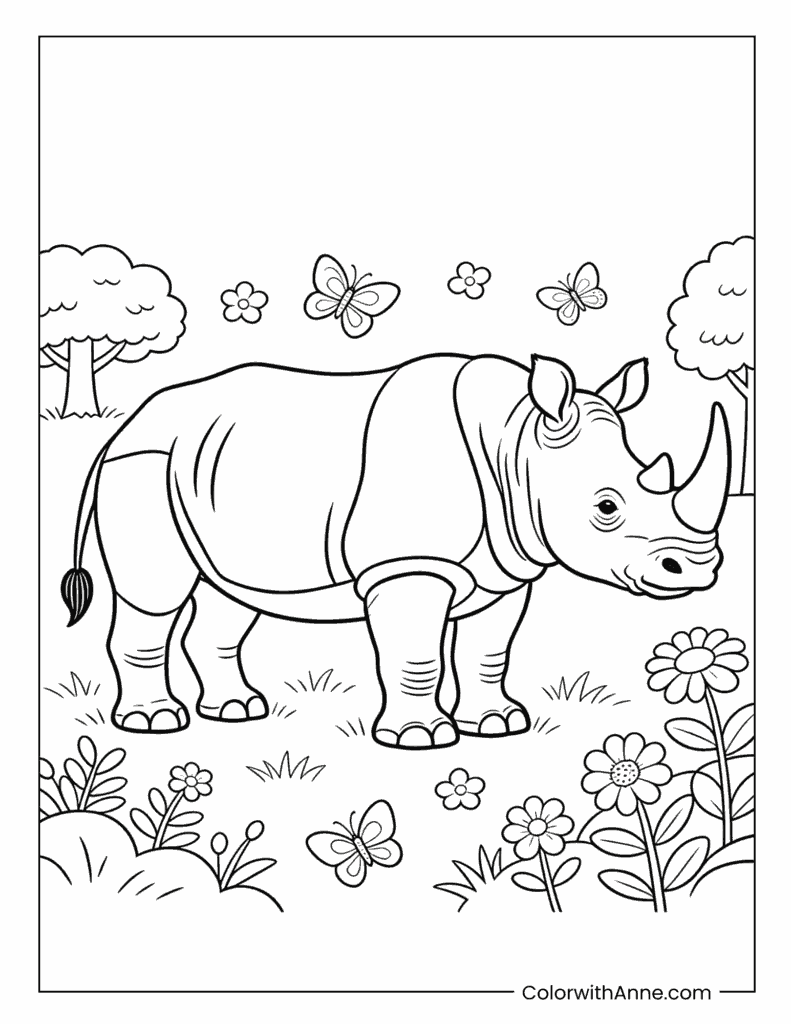 Rhino with Butterflies, Trees and Flowers Coloring Page
