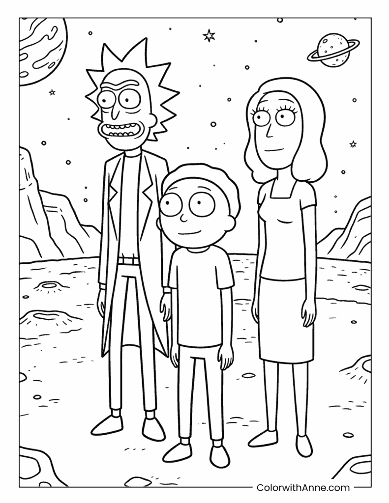 Rick, Morty and Beth in Space Coloring Page