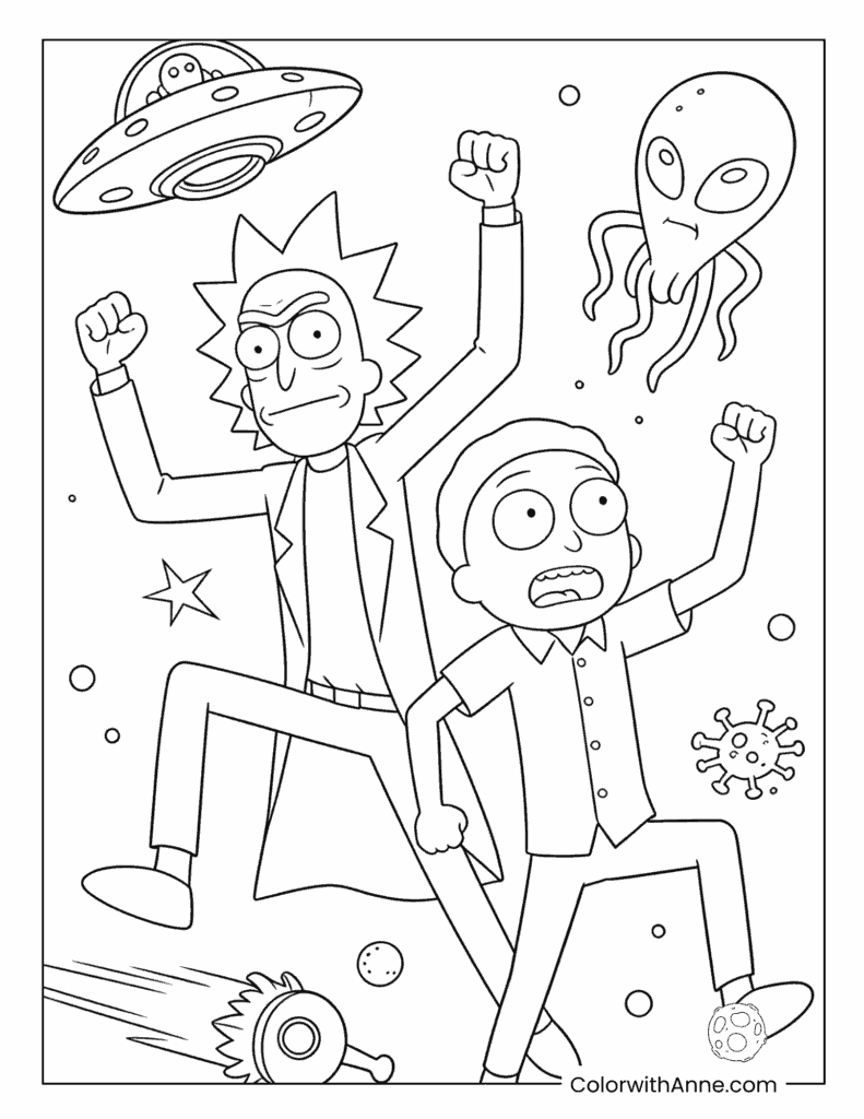 Rick and Morty Celebrating with Alien Sci-Fi Elements Coloring Page