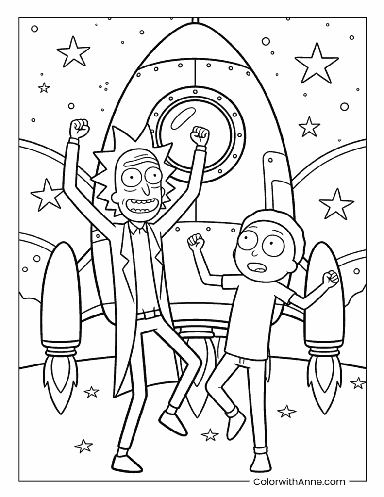 Rick and Morty Dancing in Front of a Giant Rocket Coloring Page