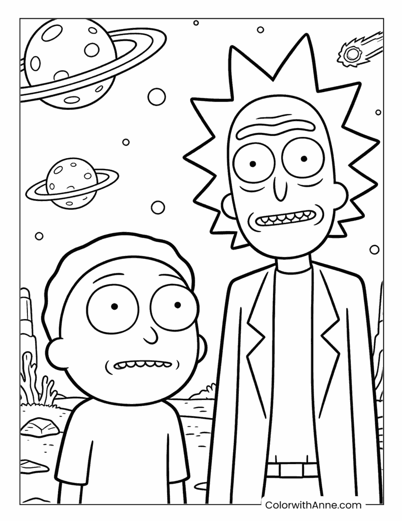 Rick and Morty Posing in Space Coloring Page
