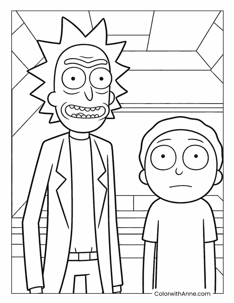 Rick and Morty in the Garage Lab Interior Scene Coloring Page