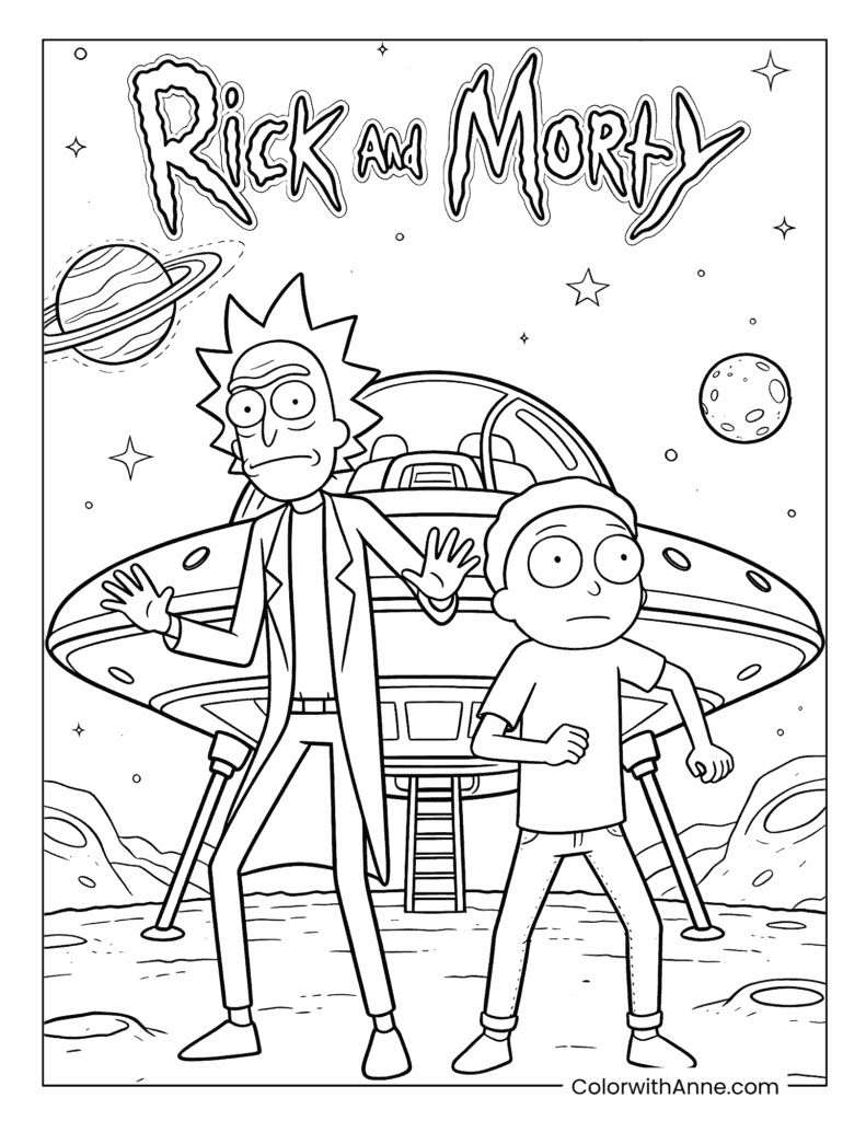 Rick and Morty with Spaceship Coloring Page