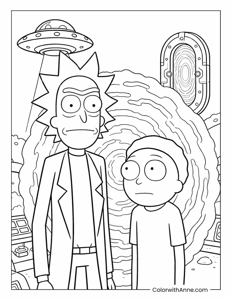 Rick and Morty with UFO Abduction Beam Coloring Page