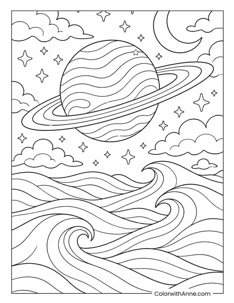 Ringed Planet Above Ocean Waves Trippy Coloring Page
