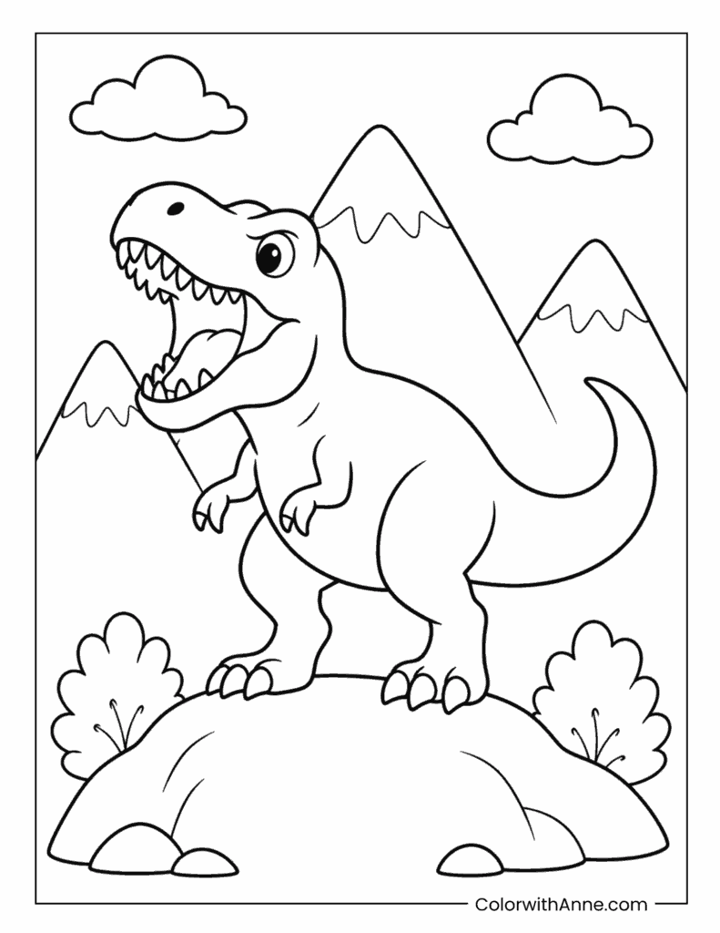 Roaring T-Rex Standing on a Rocky Hill Coloring Page for Kids
