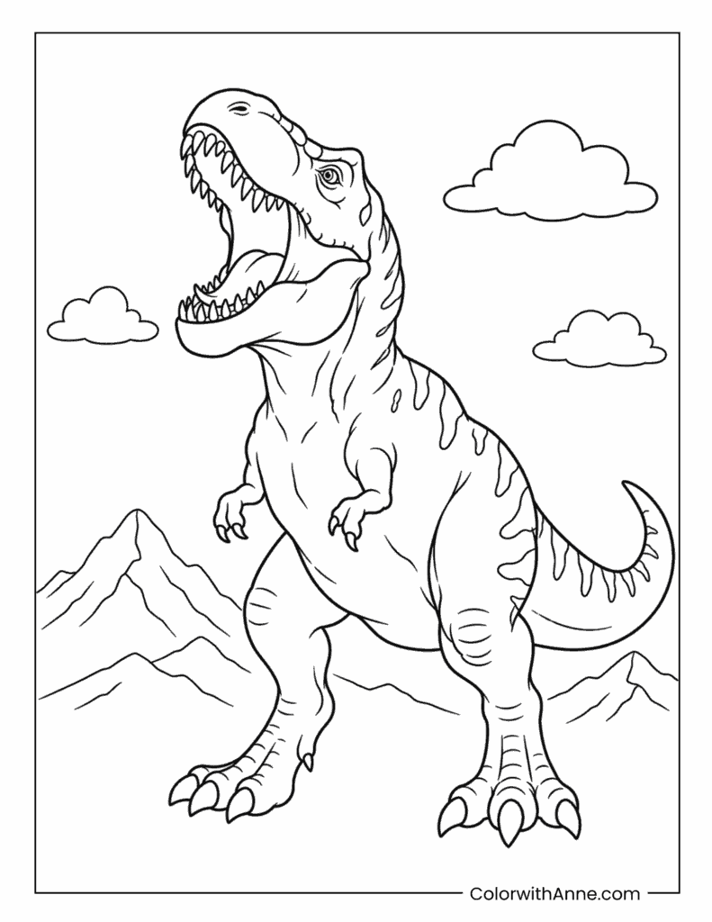 Roaring T-Rex in a Mountain Landscape Coloring Page